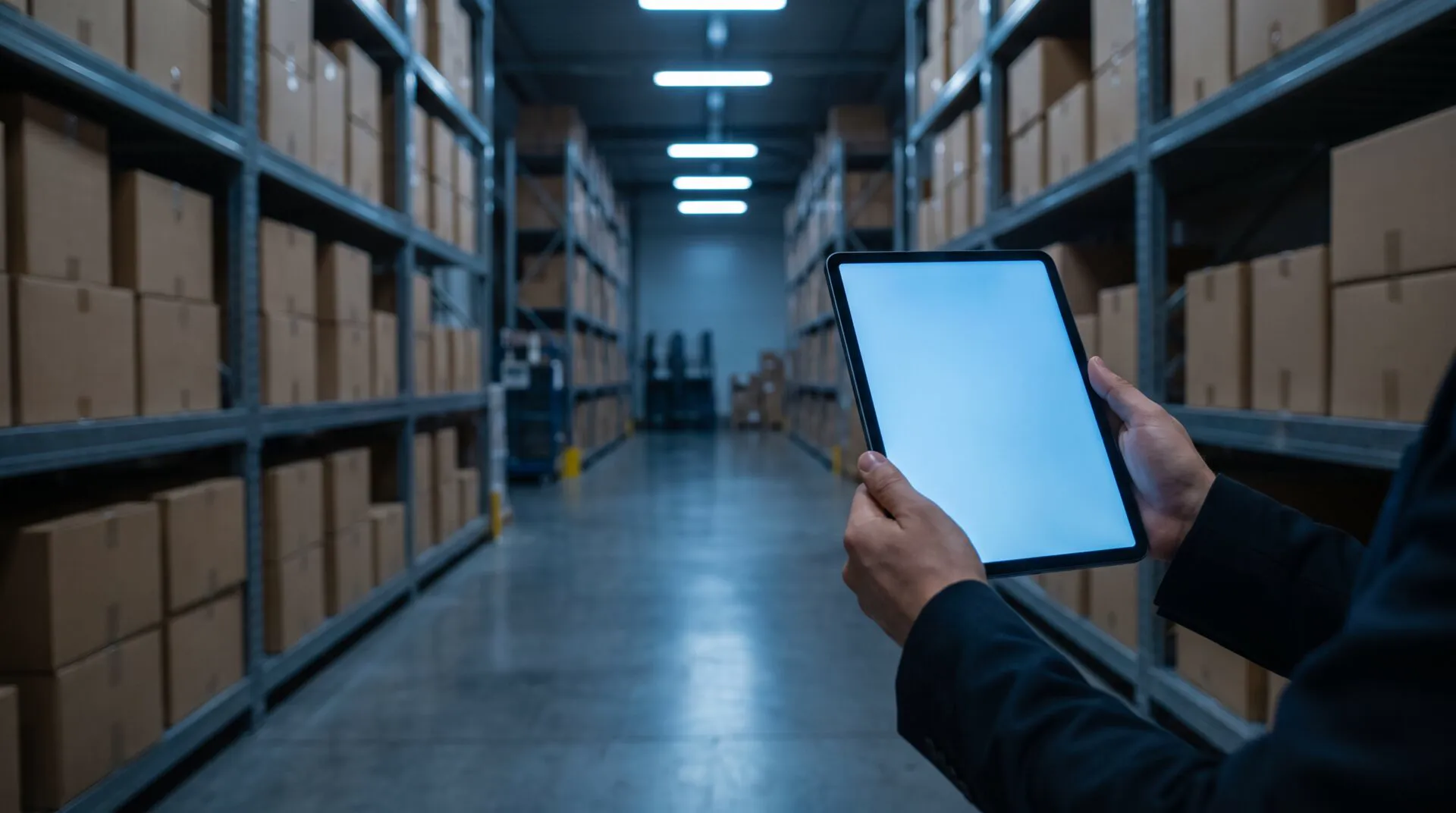 Hands holding a tablet in a warehouse aisle lined with cartons